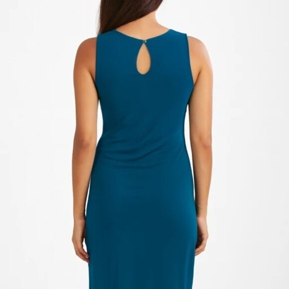 Vince Camuto Size 16 Teal Sleeveless Ruched Bodycon Front Midi Dress Keyhole - Picture 2 of 11
